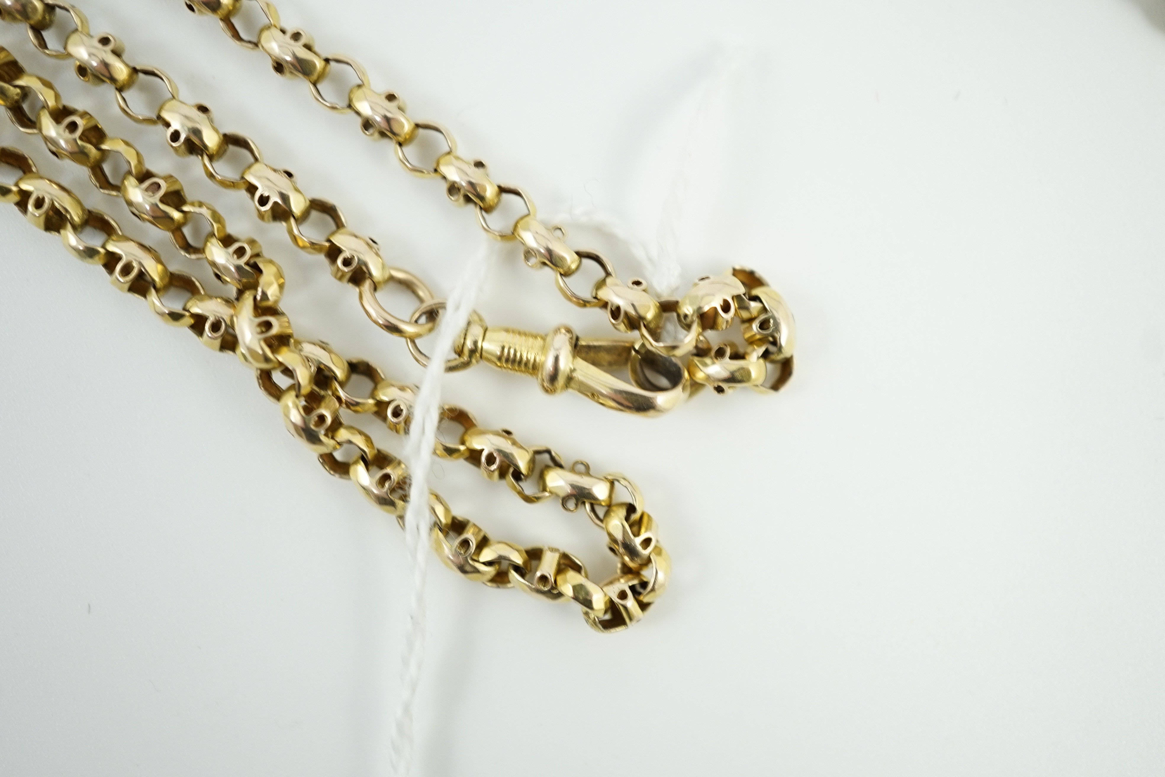 A Victorian yellow metal guard chain, 154cm, 38.5 grams.